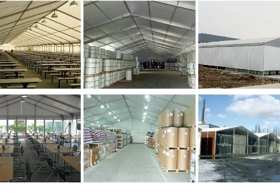 Large white industrial warehouse tents on a paved site