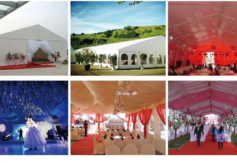 Decorated wedding tent prepared for a banquet
